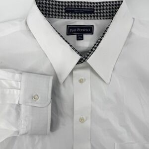 Paul Fredrick Mens White Cotton Broadcloth Dress Shirt 20-35 Houndstooth Trim